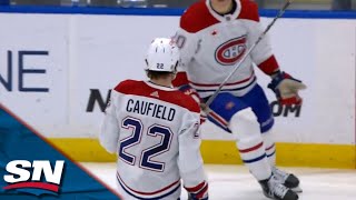 Canadiens Cole Caufield Steals Puck Before Snapping Home Opening Goal vs Lightning [upl. by Shaya125]