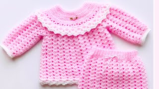 EASY Crochet Baby sweater set with matching diaper cover or bloomers THE PERFECT BABY SHOWER GIFT [upl. by Abdu]