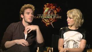 The Hunger Games Catching Fire  Sam Claflin and Jena Malone Interview [upl. by Berti]