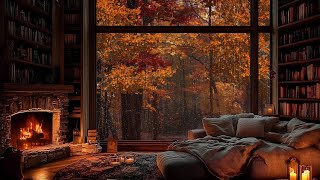 Cozy Cabin Ambience in Autumn Woods 🍁 Jazz Rain amp Fireplace for Ultimate Relaxation [upl. by Nednerb]