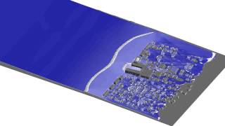 Boussinesq simulation 2D tsunami through town large wave [upl. by Dene]