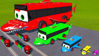 Big amp Small Long Bus Shark Lightning McQueen vs SpiderMan Trains  BeamNGDrive [upl. by Zebulon]