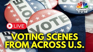 US Elections 2024 LIVE  Voting Scenes From Across US  Trump Vs Harris  Swing States Polls  N18G [upl. by Aderb]