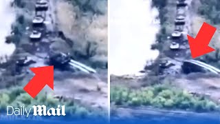 Dramatic moment Russian tank falls off narrow bridge and 20 more tanks destroyed by Ukrainian mines [upl. by Haneekas532]