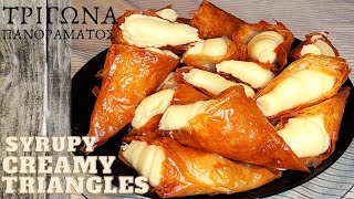 Τρίγωνα Πανοράματος  Syrupy Creamy Phyllo Triangles [upl. by Melena599]