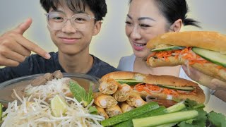 Mukbang with NICO Pho Beef Ball Noodle Grill Pork Binh with Fried Shrimp Roll  NE Lets Eat [upl. by Whitebook]