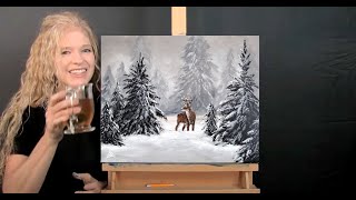 Learn How to Draw and Paint DEER IN WINTER  Paint and Sip at Home  Fun Beginner Acrylic Lesson [upl. by Jacqui]