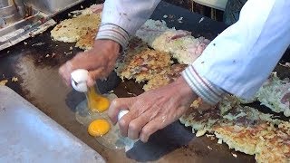 Japanese Street Food  OKONOMIYAKI 100YEN1US＄ in Osaka Nishinari [upl. by Ivanah]