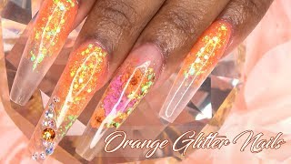 Acrylic Nails Tutorial  How To Encapsulated Nails Orange Glitter Real Flowers  with Nail Forms [upl. by Mcdermott446]