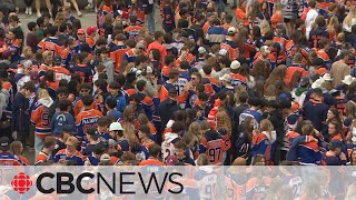 Oilers fans fill downtown Edmonton to watch teams Game 2 loss in Dallas [upl. by Haizek410]