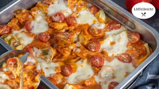 Tortellini Auflauf  Tomate Sahne Soße mit Mozzarella  einfach amp schnell  vegetarisches Rezept [upl. by Dilisio]