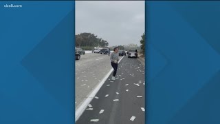 Cash on San Diego freeway  Traffic incident with armored vehicle causes chaos on Interstate 5 [upl. by O'Shee]