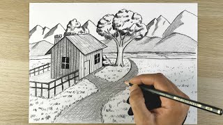 New Beatuful Scenery drawing with pencil 👍👍🥰🌲🌎رسم طبيعة [upl. by Leanor]