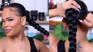 SUPER SLEEK LONG BRAIDED PONYTAIL ON NATURAL HAIR  Protective Style  Arnellarmon [upl. by Esahc96]