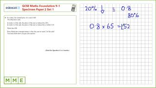 GCSE Maths EDEXCEL Specimen Set 1 Foundation Paper 2 Q11 Percentages [upl. by Galven768]