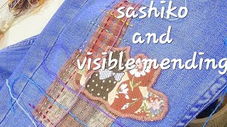 Sashiko stitching and visible mending of jeans  patchwork sashiko visiblemending [upl. by Maunsell]