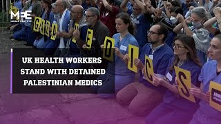 UK health workers demonstrate to stand in solidarity with detained Palestinian medics [upl. by Enogitna]