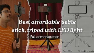 Bluetooth Selfie stickTripodLed Lightremote  Full demonstration  Value for money vlogging [upl. by Anedal660]