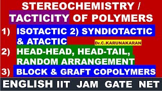 ENGLISH TACTICITY POLYMER ISOTACTIC SYNDIOTACTIC ATACTIC HEADHEAD HEADTAIL BLOCK GRAFT COPOLYMERS [upl. by Adelind]