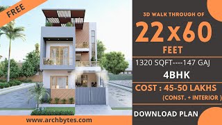 22x60 House Design 3D  1320 Sqft  147 Gaj  4 BHK  Modern Design  Terrace Garden  7x18 Meters [upl. by Dera]