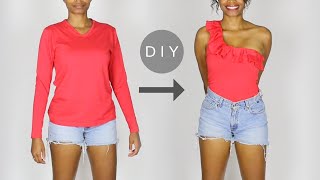 DIY Ruffled OneShoulder Top From a Basic Tshirt Easy Sewing [upl. by Halivah]