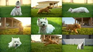 A video collage of West Highland White Terrier and Maltipoo puppies playing on a green lawn [upl. by Pool701]