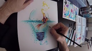 watercolor and airbrush painting fish into a bulb [upl. by Kinch]