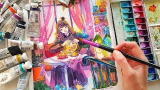 tea time  watercolor painting process [upl. by Monahon]