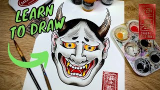 The BEST way to draw a Hannya mask Traditional Japanese tattoo [upl. by Aicirt204]