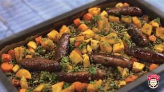 Clonakilty Blackpudding Sausage Roasted Veg and Lentil Bake Recipe Video [upl. by Einahpehs]