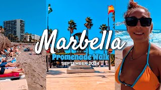 Marbella Spain PROMENADE WALK September 2024 BARS RESTAURANTS SHOPS BEACH [upl. by Almap199]