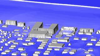 Boussinesq simulation 2D tsunami through town large wave low angle [upl. by Willow590]