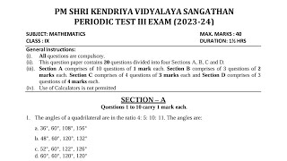 CLASS9 MATHS  PT3 Exam Qestion Paper KV CBSE Periodic Test3 For Kendriya Vidyalaya Students [upl. by Critta]