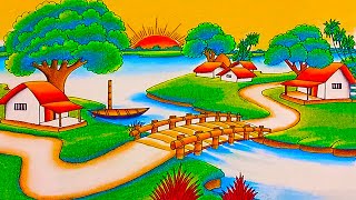 How to draw easy scenery drawing with oil pastel landscape village scenery drawing step by step [upl. by Diraj]