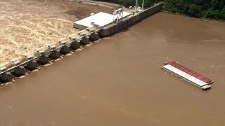 Barges hit Oklahoma dam on Arkansas River [upl. by Ahsilla]