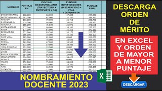 descargar ORDEN DE MERITO en Excel  Nombramiento Docente 2023  ORDENADO  PUNTAJE FINAL [upl. by Geraldina184]