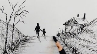 Very Easy and Cute Landscape Drawing with Charcoal Pencil  Pencil Art Drawing Tutorial Sketch [upl. by Gnilrets]