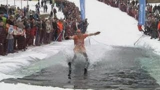 Daredevils try to ski over ice cold puddle in Russia [upl. by Orsino606]