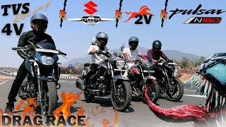 Apache160 4v vs Apache 160 2v vs Pulsar N160 vs Suzuki Intruder  FreeStyle Drag Race🔥🔥🔥 [upl. by Aerdua]