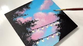 How to paint Clouds amp String Lights  Easy Acrylic Painting Idea on Canvas  Easy Painting [upl. by Ginelle]