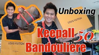 LOUIS VUITTON KEEPALL BANDOULIERE 50 l UNBOXING l My Sis Travel Bag 🤗 [upl. by Akerdna126]