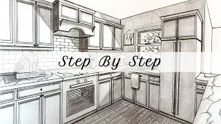 How to Draw A Kitchen in Two Point Perspective  Step By Step [upl. by Retep]