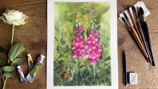 Paint SIMPLE SPRING WATERCOLOR FOXGLOVE FLOWERS amp MOTH Beginners Watercolour Landscape PAINTING DEMO [upl. by Campman]