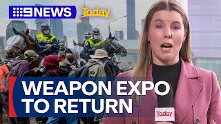 Melbournes weapons expo set to return despite violent protests  9 News Australia [upl. by Oer]