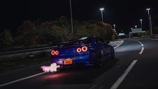 Nissan R34 GTR Skyline Night Drive  Shoots Flames 4K [upl. by Telford]