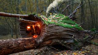 Building a Warm and Cozy Hollow for Survival in the root of a fallen spruce Secret cave Bushcraft [upl. by Bucky]