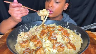 Chanel Raelynn Creamy Cheesy Shrimp Fettuccine Alfredo Pasta Mukbang 먹방 Eating chanelraelynnvideos [upl. by Akemed]