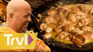 Fresh Bull Testicles amp Scrotum Soup  Bizarre Foods with Andrew Zimmern  Travel Channel [upl. by Ardnuyek101]