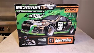 HPI Micro RS4 Drift  UNBOXING and First Try  R34 skyline [upl. by Borlase]