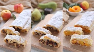 3 IDEEE PER STRUDEL DOLCI DI PASTA SFOGLIA  Ricetta facile Strudel di mele di Pere di Pesche [upl. by Froma]